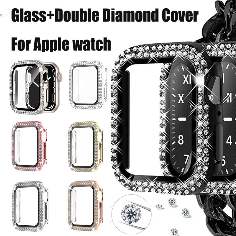 Coque en verre et diamant pour Apple Watch, Bling Bumper Protector, iWatch Series 9, 3, 5, 6, 7, 8, SE Case, 40mm, 44mm, 41mm, 45mm, 38mm, 42mm