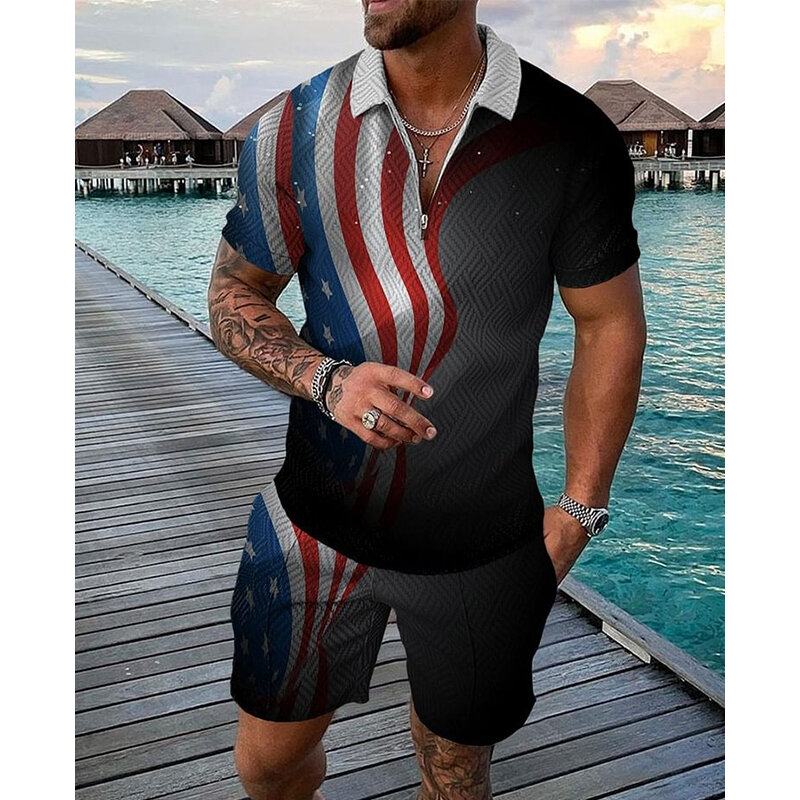 Новинка лета 2024, Мужская модная рубашка-поло с коротким рукавом и отложным воротником и шорты, комплект из двух предметов
