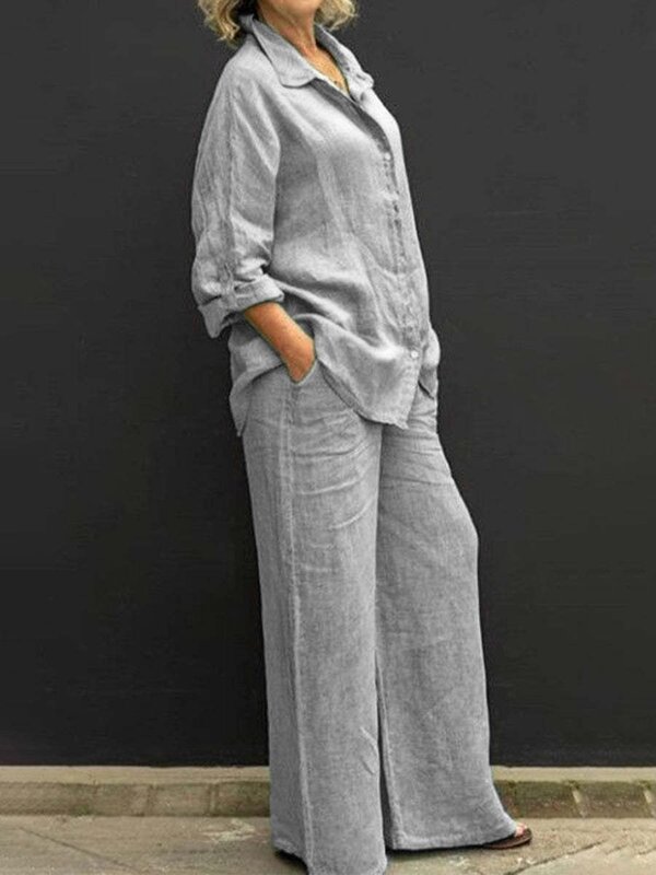 Conjunto de dos piezas de lino para mujer, camisa de manga larga con botones y solapa, pantalones de pierna ancha, holgados, elegantes, Color sólido
