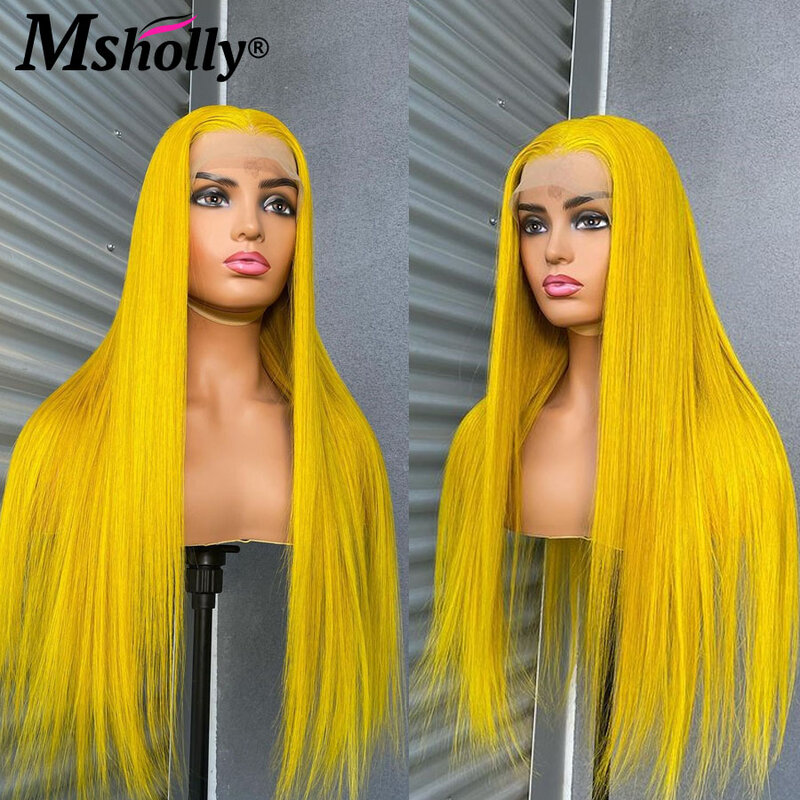 Peluca de cabello humano liso para mujer, postizo de encaje frontal, color amarillo limón brillante, 100%, sin pegamento, 13x6, HD, 613 prearrancado