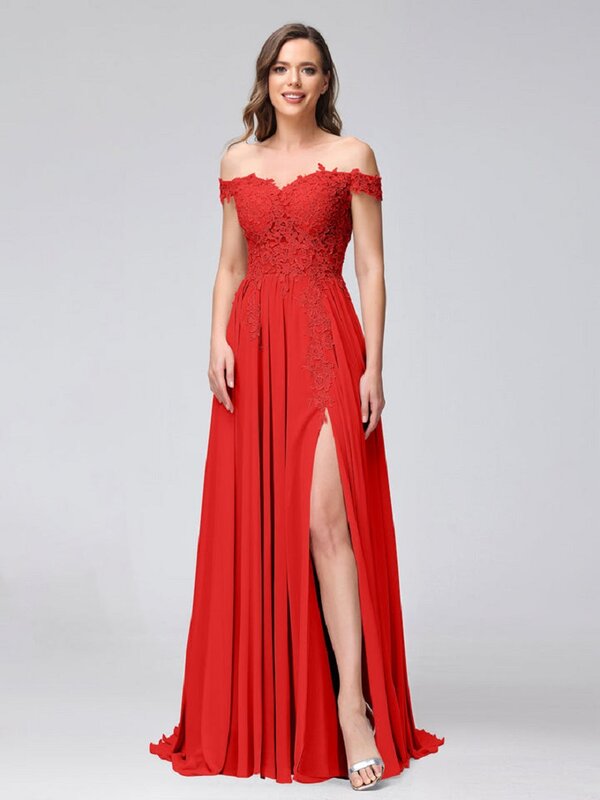A-Line Off-The-Shoulder Sleeveless Appliqued Chiffon Long Bridesmaid Dresses With Side Slit Elegant Dresses for Weddings Guest