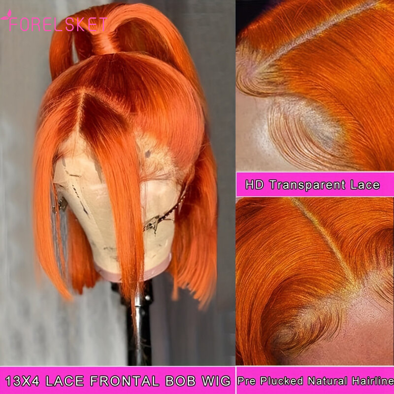 Peruca reta Bob para mulheres, pré arrancadas, atalho, cabelo virgem peruano, peruca de renda, renda HD, laranja Bob, parte do meio, densidade a 180%, 13x4