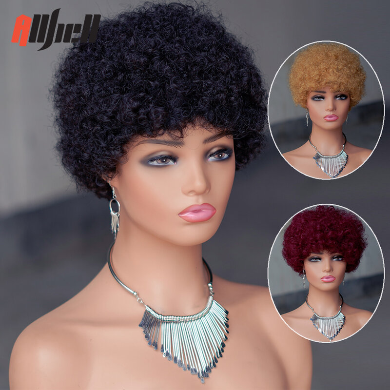 Perruque Brésilienne Naturelle de Cheveux Humains Crépus et Bouclés, Coupe Pixie Noire, Afro, Faite à la Machine, pour Femme