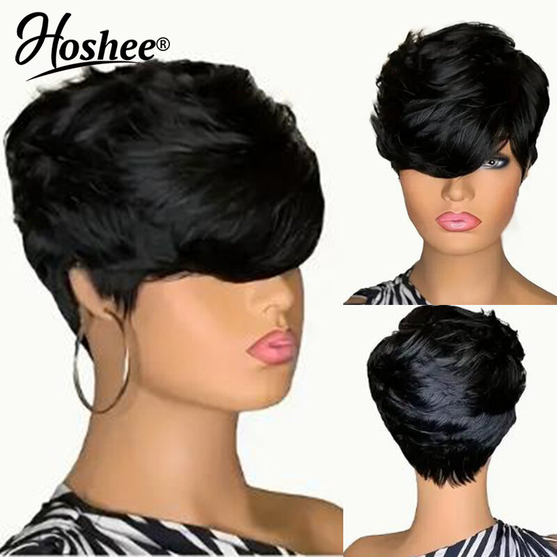 Perruques de cheveux humains pour femmes noires, coupe Pixie courte, droite, sans colle, entièrement fabriquées à la machine, couleur naturelle, 100%