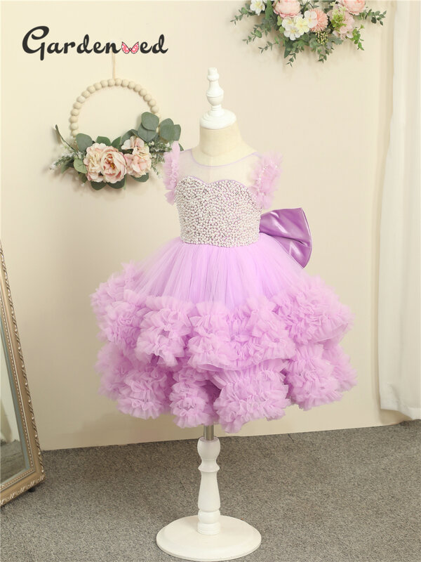 女の子のためのピンクのプリンセスドレス,花柄,ビーズ,ふくらんでいる,最初の聖体拝領,かわいい,子供服