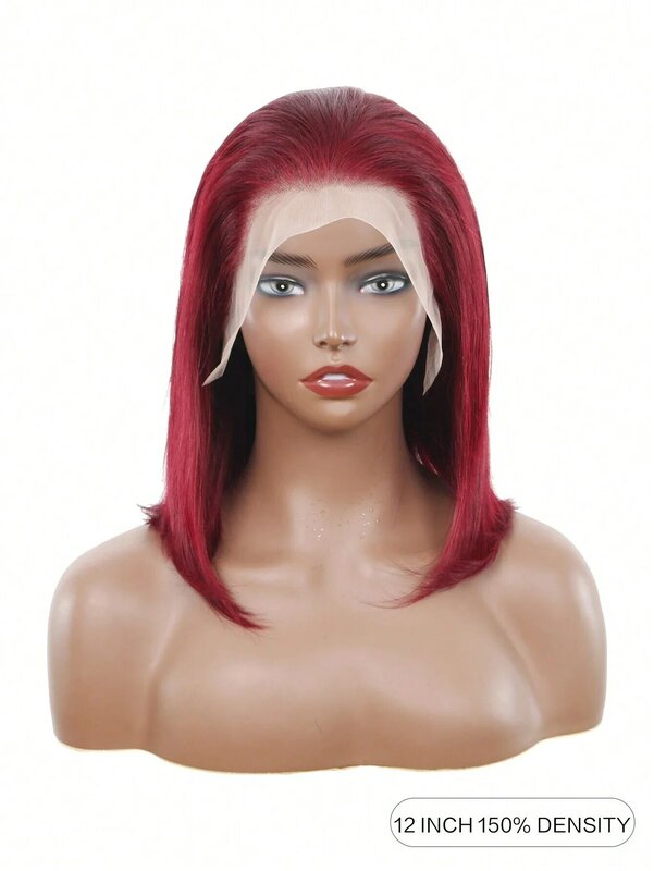 Peluca de cabello humano liso de 13x4 para mujer negra, pelo corto Bob 99J, Color rojo oscuro Borgoña, corte Romo, Frontal completo, hueso