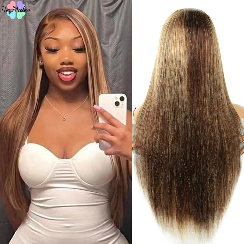 HeyMidea-Perruque Lace Front Wig Remy Brésilienne Naturelle, Cheveux Lisses à Reflets Blond Miel P4/27, 13x6, 13x4