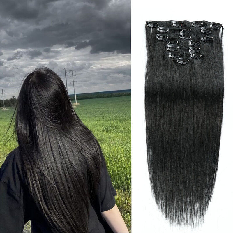 Extensión de cabello humano con Clip para mujer, cabello humano liso, negro Natural, Real, 22 ", 24", 8 unids/set, 100g