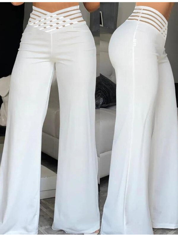 Женские расклешенные брюки с широкими штанинами, повседневные осенние брюки из прозрачной сетчатой ткани с нашивкой и высокой талией, уличная одежда Y2k, элегантные рабочие брюки, 2024