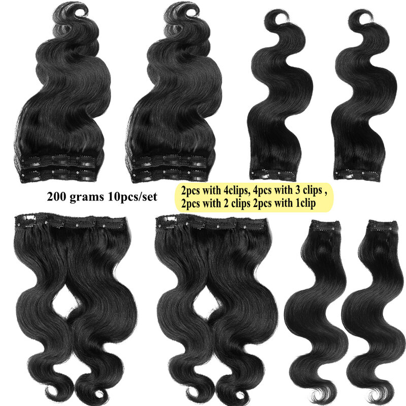 Grampo ondulado brasileiro em extensões do cabelo humano, cabelo de Remy, onda do corpo, preto escuro, 7-10 PCes, 110-200G, 14-24