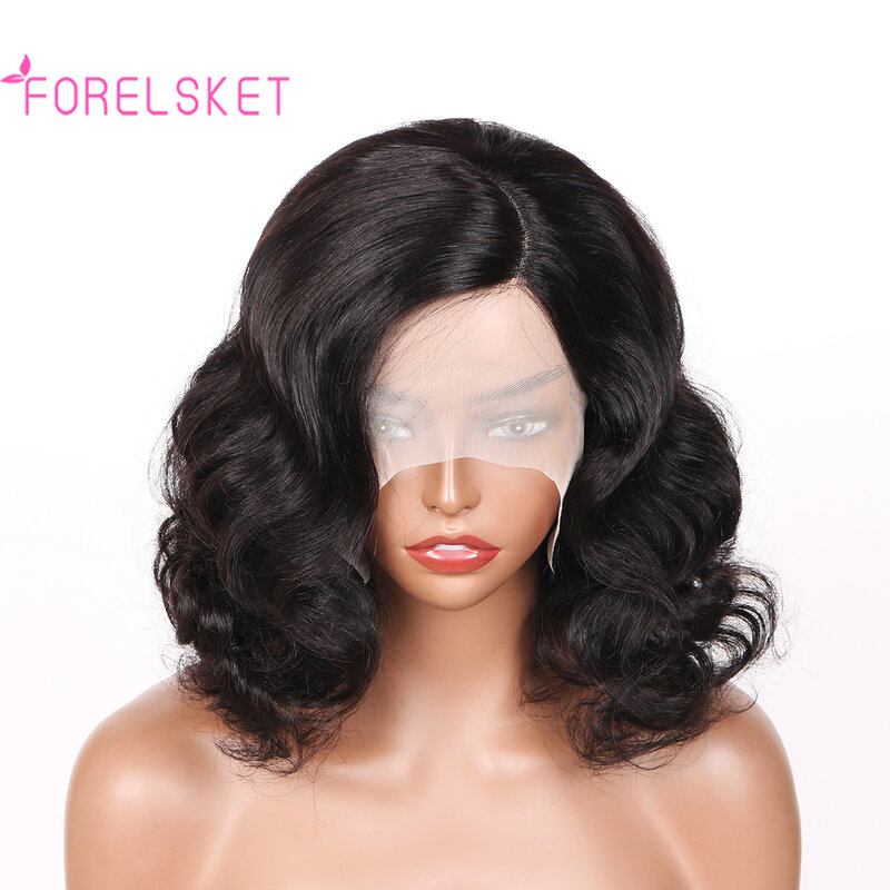 FORELSKET-Peluca de cabello 100% humano ondulado para mujer, postizo de encaje frontal de 13x4x1 HD con densidad de 180%, corte Bob, Color Natural