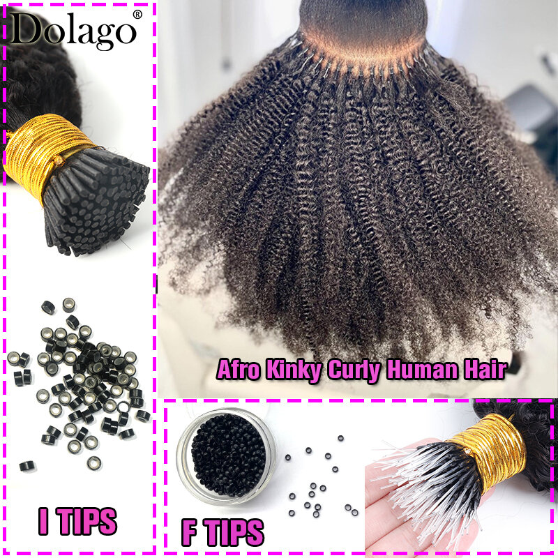 Afro Kinky Curly Hair Bundles 4B 4C I Tips Microlinks F Tips Human Hair Extensions Black For Women Brazilian Bulk Virgin Hair