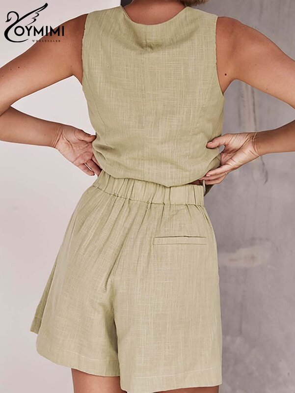 Oymimi letnie spodnie Khaki zestawy bawełniane damskie 2 sztuki moda z dekoltem w szpic jednorzędowe podkoszulki i spodenki z wysokim stanem zestawy Streetwear