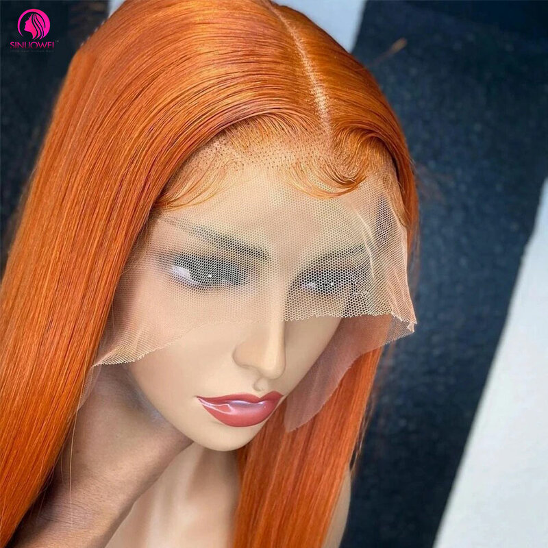 Peruca frontal de renda reta para mulheres, cabelo remy brasileiro, peruca de fechamento colorida, laranja gengibre, 13x6, 30"