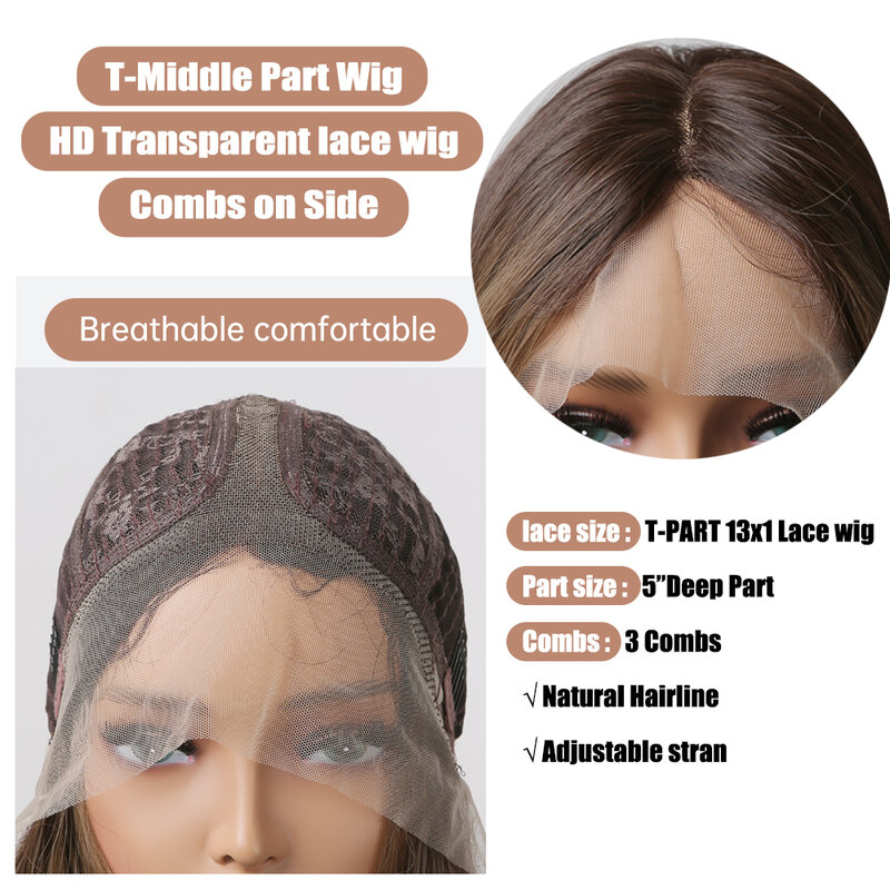 Wig Sintetis Renda Transparan Wig Depan Renda Ombre Gelombang Tubuh Emas Coklat Panjang untuk Wanita Hitam Cosplay 13X1 T-Bagian Wig Penutupan