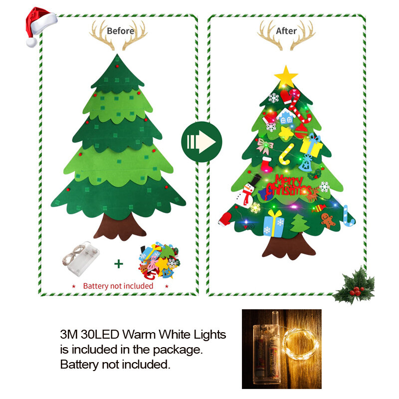 Árbol de Navidad de fieltro para niños, adornos de decoración de Navidad, manualidades de árbol de Santa Claus para niños, regalos colgantes con luz
