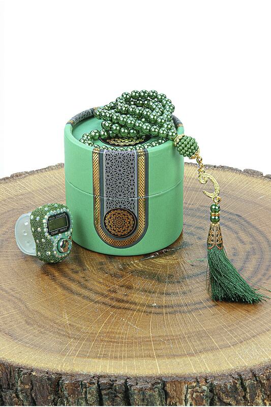 3 Piece Cylinder Boxed Mevlüt Gift Set with Pearl Rosary, Stone and Chanting Machine Mevlüt Quran Prayer Kaaba Hajj Umrah Dowry