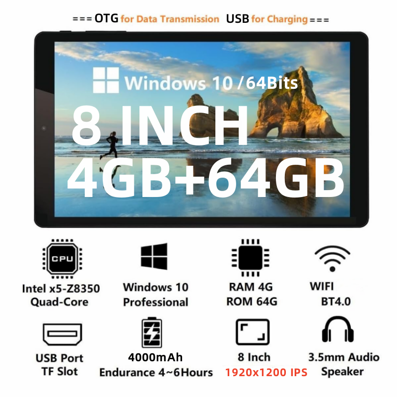 Tableta PC de 64 bits, Tablet de 8,0 pulgadas, 4GB de RAM, 64GB de ROM, Windows 10, 1,44 GHz, CPU de X5-Z8350, 1920x1200 IPS, Quad Core, cámara trasera de 5,0mp