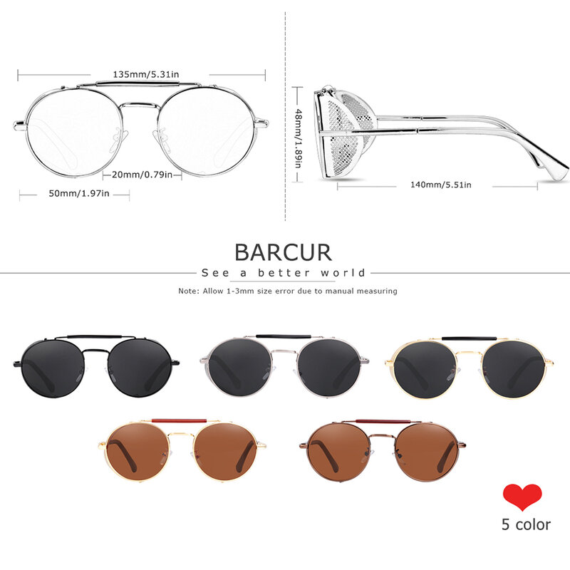 BARCUR-gafas de sol polarizadas Steampunk para hombre, lentes de sol redondas, estilo Retro, lentes de sol para dama, Vintage