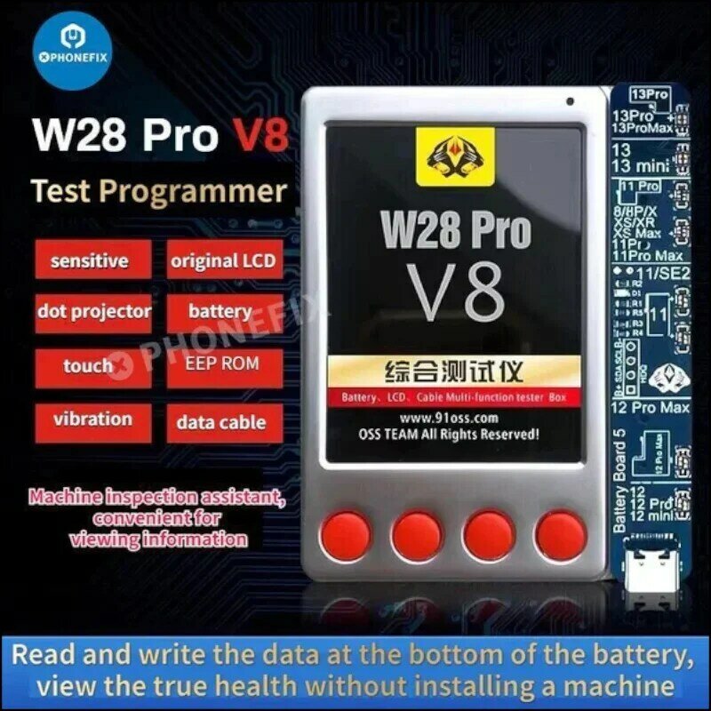 Testador de Bateria OSS W28 Pro V8 Tela, Vibração True Tone, Reparo EEPROM IC, iPhone, iPad, iWatch, Android