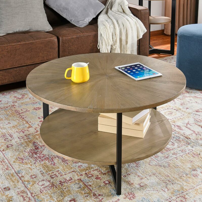 Leemtorig-Mesa redonda de madera para sala de estar, mesa de centro circular, mesa de centro de tambor de madera maciza de granja con almacenamiento