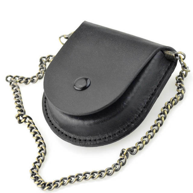 Vintage Fashion Male Black Brown Leather Case Classic Pocket Watch Box Cover Holder Storage Case Coin Purse Pouch Bag With Chain
