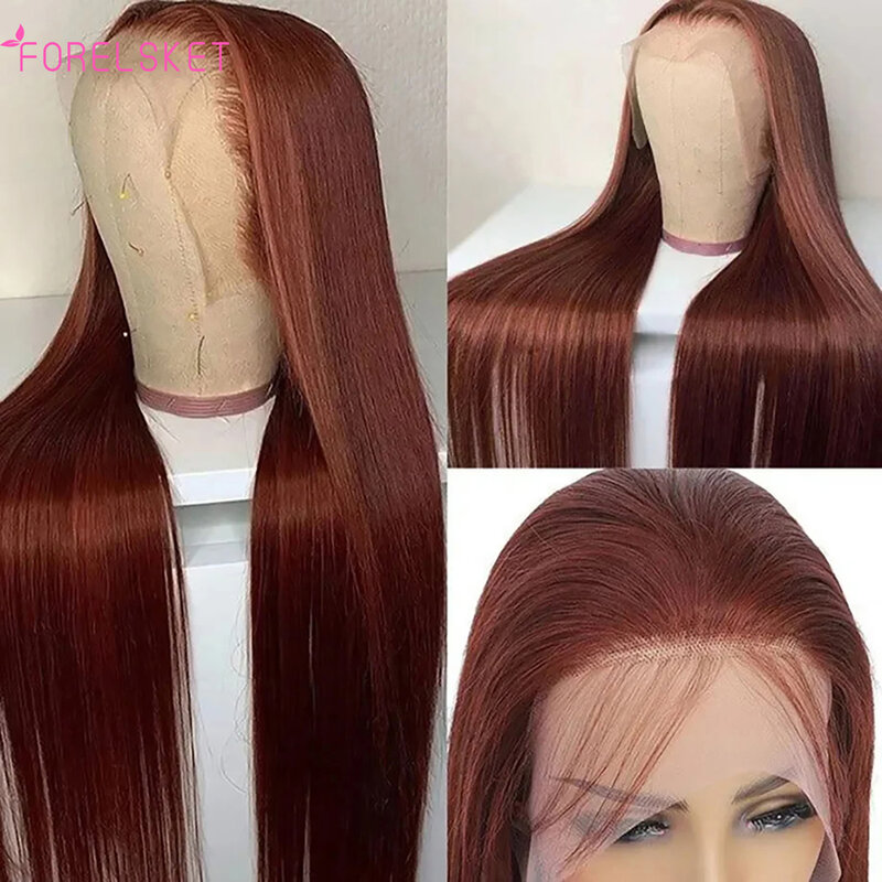 Sophia-Perruque Lace Front Wig naturelle lisse, cheveux humains, brun roux, 13x4, pre-plucked, avec baby hair, transparente HD, 33 #
