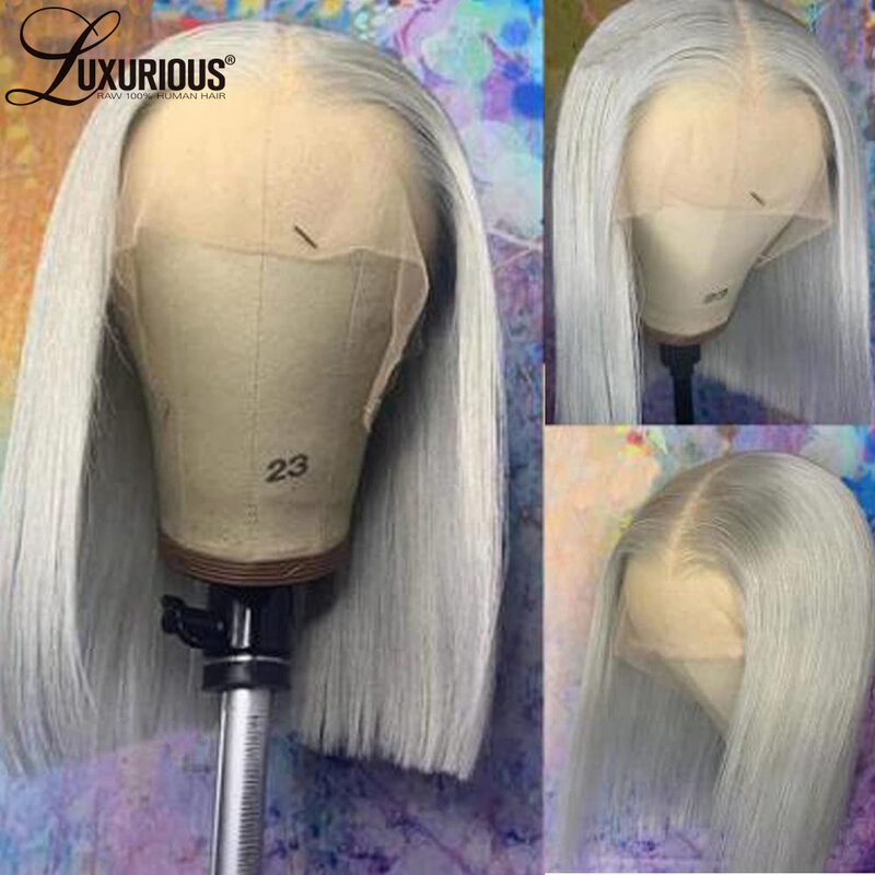 13 × 4 Короткие серебристо-серые шелковистые прямые волосы, предварительно выщипанные бразильские натуральные человеческие волосы, парики для женщин с прозрачной кружевной передней частью