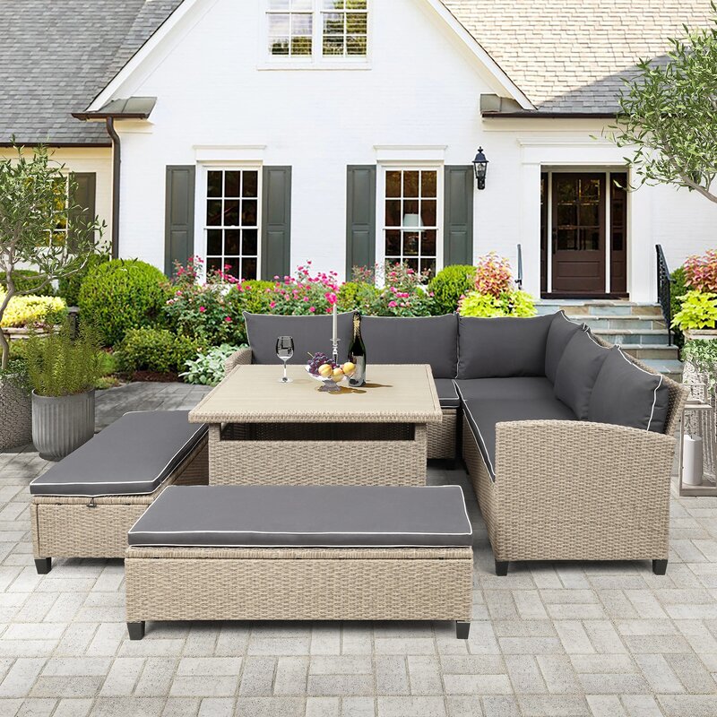 [Venda flash] conjunto de móveis de pátio de 6 peças ao ar livre vime vime sofá secional com mesa e bancos para jardim quintal ao lado da piscina
