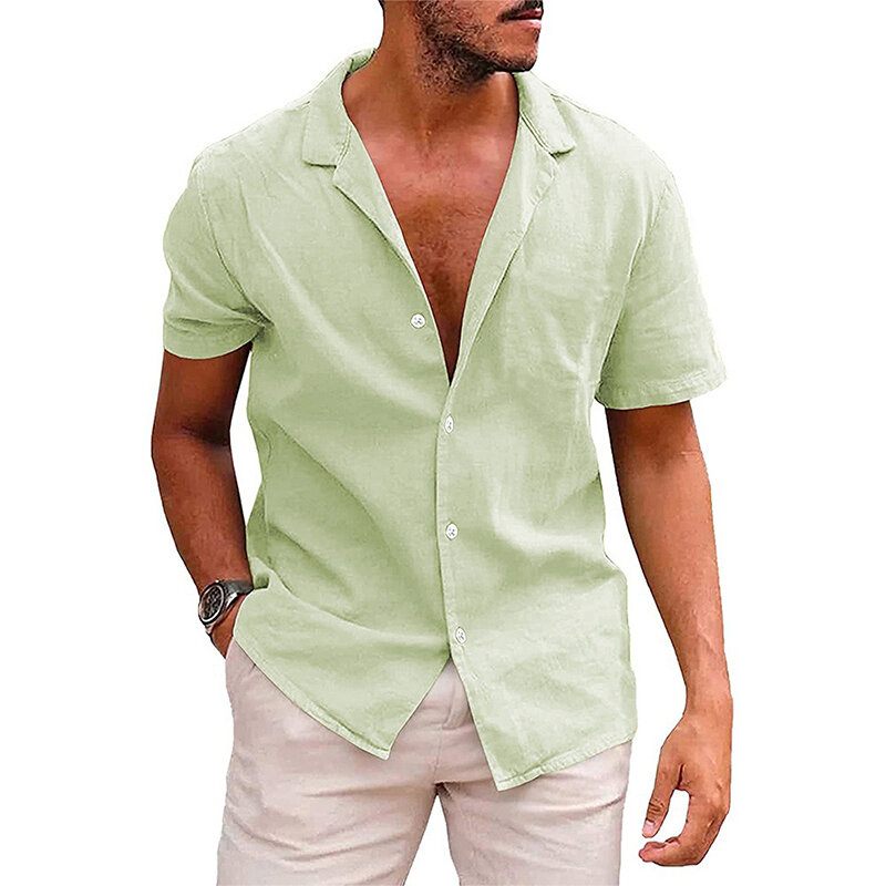 Camisa de lino y algodón para hombre, Tops de manga corta de un solo pecho, cuello de solapa sólido, ropa informal de calle alta, moda de verano