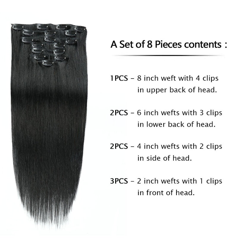 Ekstensi rambut manusia Remy klip, rambut lurus alami hitam asli untuk kecantikan wanita 22 "24" 8 buah/Set 100g