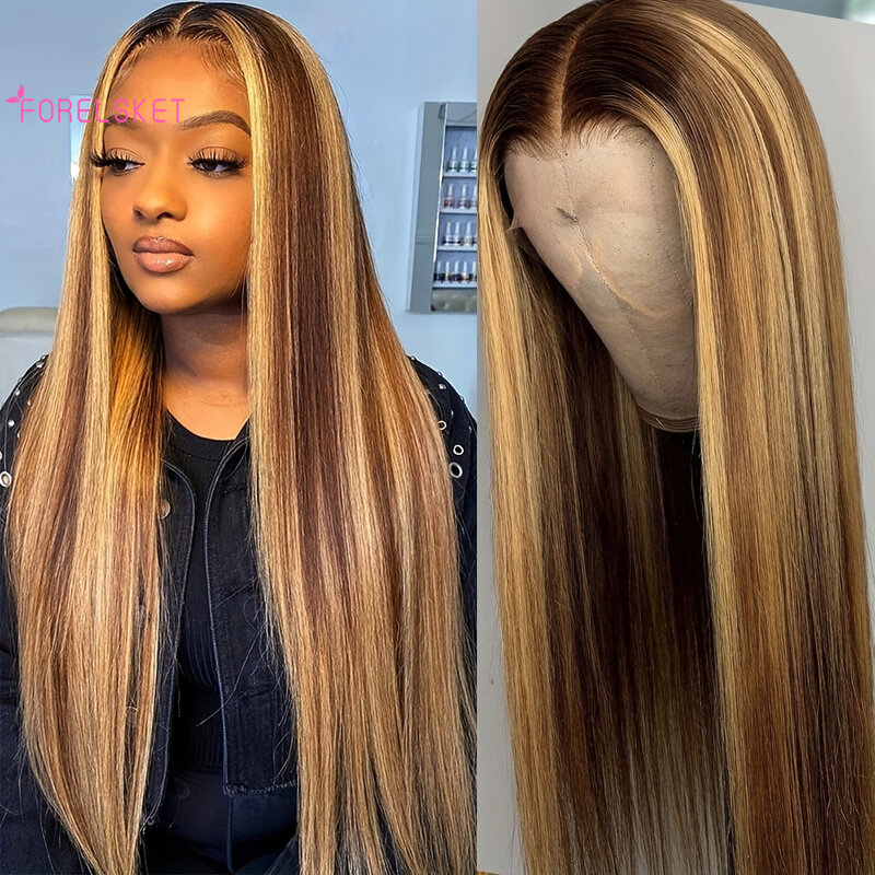 Wig highlight rambut palsu manusia Remy Brasil dengan 13x4 renda depan dan ketebalan 180% untuk wanita-tampilan lurus alami 16-30 inci