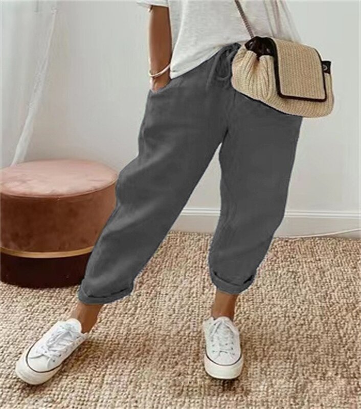 Spring Summer Cotton Linen Pants Women's Solid Elastic High Wasit Lace Up Pockets trouser Ladies Loose-fitting Nine Points Pants