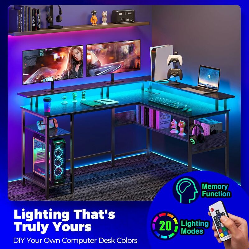 Computer tisch l-förmig 59.4 "mit LED-Leuchten und Steckdosen, reversibler l-förmiger Spieltisch mit Monitorst änder, Home Office