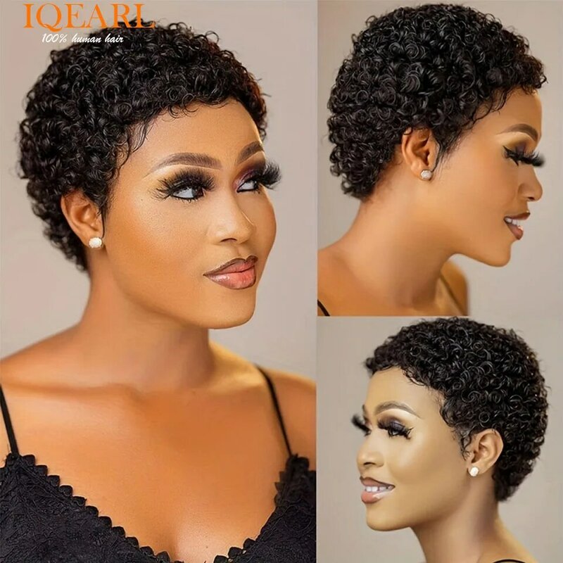4" Short Curly Human Hair Wigs For Women Short Afro Kinky Curly Wig Blonde Human Hair Pixie Cut Curly Wigs With Bangs #1B #2 #27