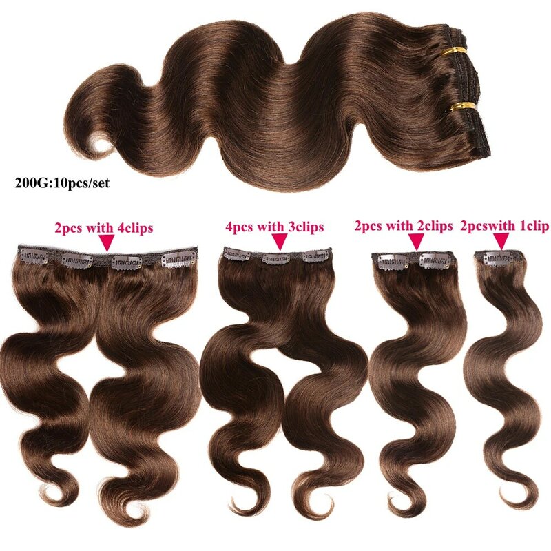 Chocolate Brown Body Wave European Human Hair Clip in Extensions Volumes Series Natural Hair Clip in Hair Extension Wavy On Sale