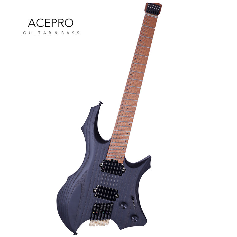 Czarna bezgłowy gitara elektryczna Acepro, skośne progi ze stali nierdzewnej Jumbo, wzmocnienie w szyi, popielnik