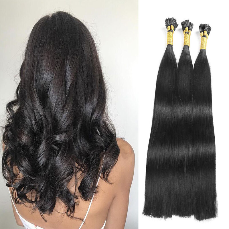 100 S/set Ik Tip Haarverlenging Echt Remy Menselijk Haar Natuurlijke Zwarte Rechte Keratina I Tip Fusion Human Hair Extensions 12-24Inch