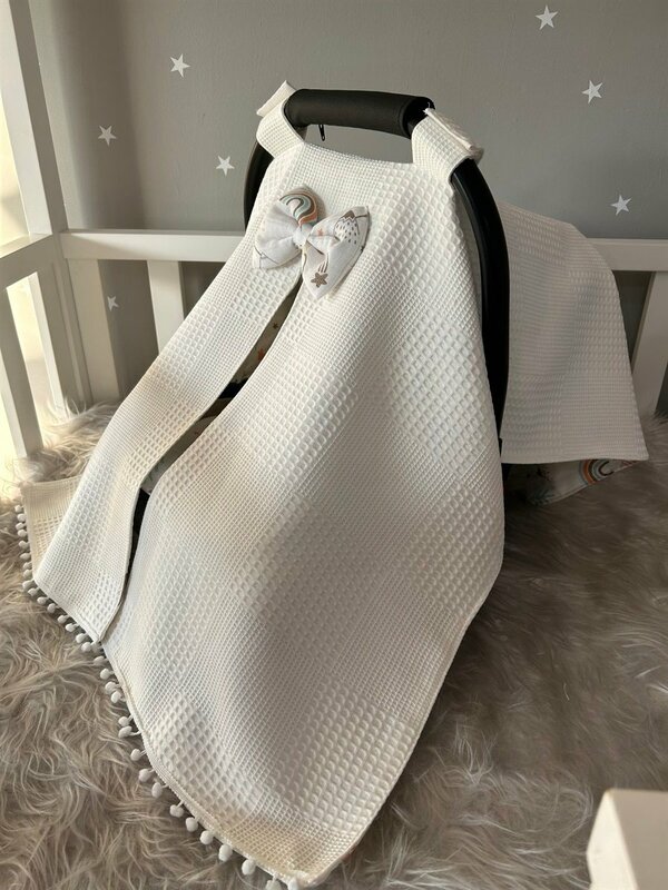 Handmade White Waffle Pique and Muslin Mountain Pattern Design Pompom Stroller Cover