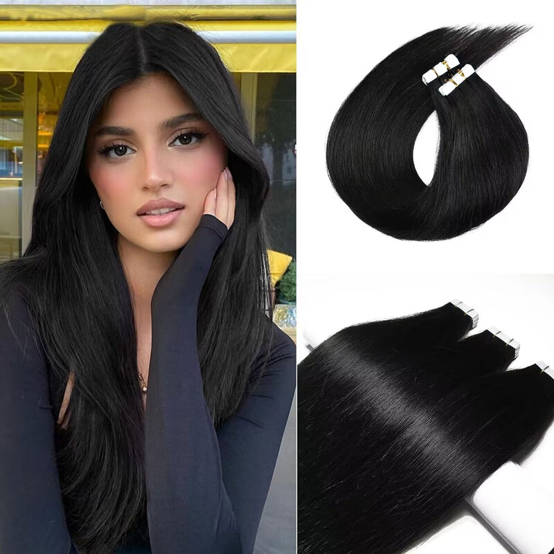 Extensiones adhesivas de cabello humano brasileño liso, trama de piel, negro Natural, 100% cabello humano Real para mujer