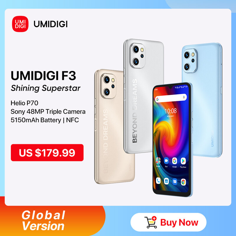 Umidigi สมาร์ทโฟน F3ระบบแอนดรอยด์11 NFC P70 8GB 128GB 48MP Ai Triple camare 6.7 "จอแสดงผล5150mAh โทรศัพท์มือถือ
