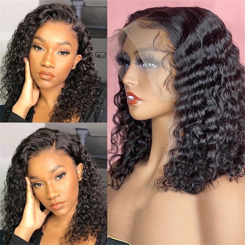 BOB Curly Lace Front Wig Human Hair Pre Plucked 13x4 HD Transparent Lace Front Wig Glueless Deep Wave Hair Wigs with Baby Hair