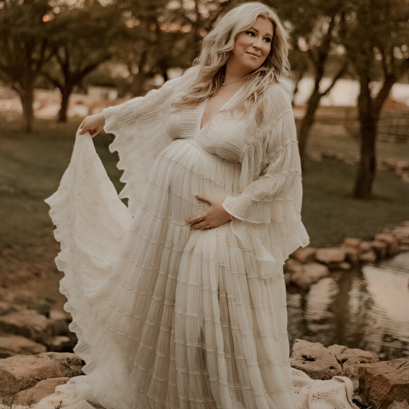 Vestido bohemio para sesión de fotos para mujer, vestido plisado de manga larga con volantes para fotografía de embarazo