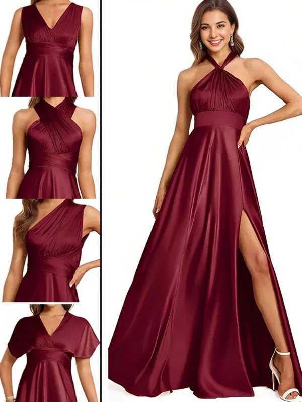 Satin A-line Halter Sleeveless Party Dresses Simple Backless Floor-Length Bridesmaid Dress For Wedding Party High Slit Gowns