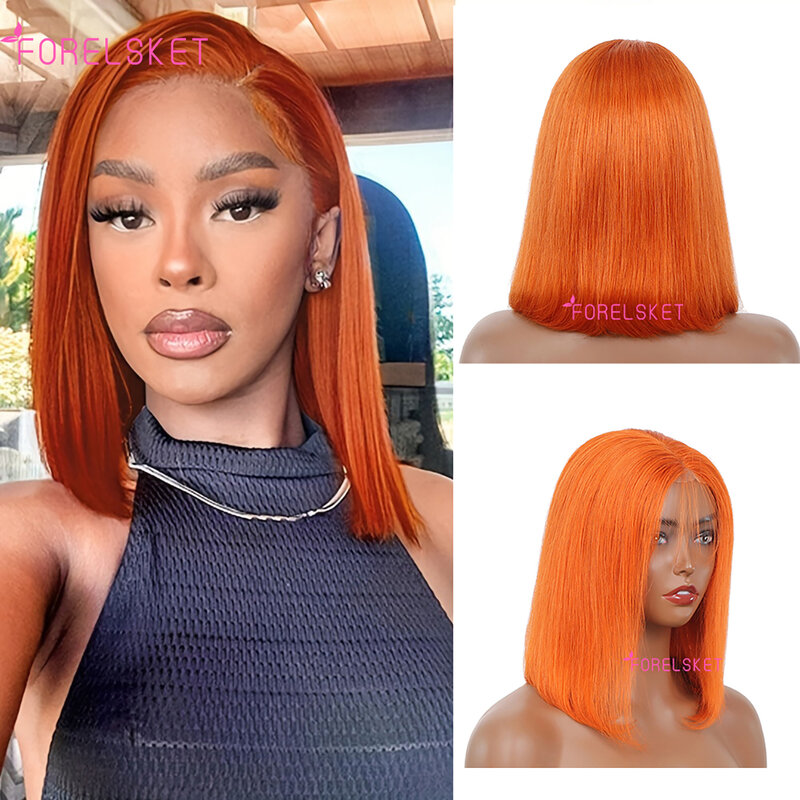 Straight Glueless Lace Bob Wig, perucas curtas de cabelo humano, gengibre laranja, laço frontal 13x4, 350 cores, 7x6