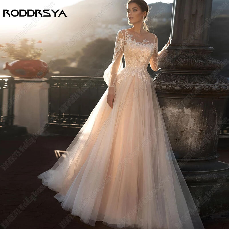 RODDRSYA gaun pernikahan O-Neck gaun pengantin untuk wanita gaun pengantin lengan lentera panjang berenda A-Line Vestidos De Noiva Mariage 2023