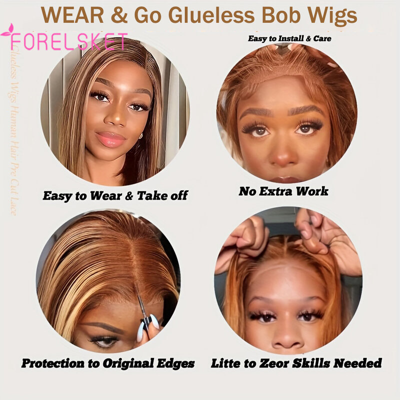 Perruque Bob Lace Closure Wig sans colle, Honey Blonde, Wear Bright Colors On the Go, 150% Density, 6x4, HD, P4, 27