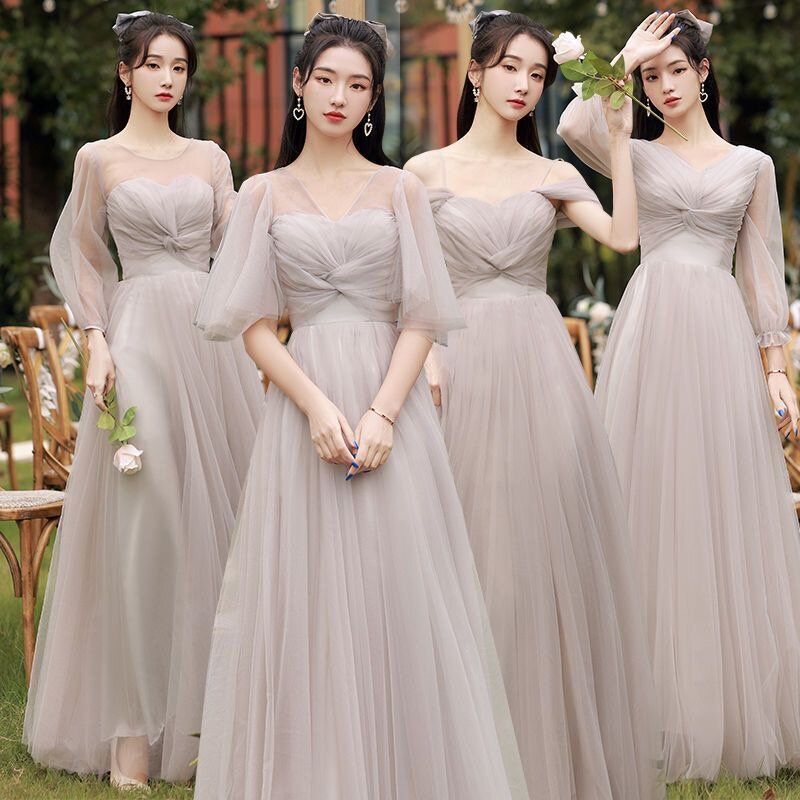 Gaun pengiring pengantin wanita, gaun kelompok pelangsing abu-abu musim panas untuk perempuan
