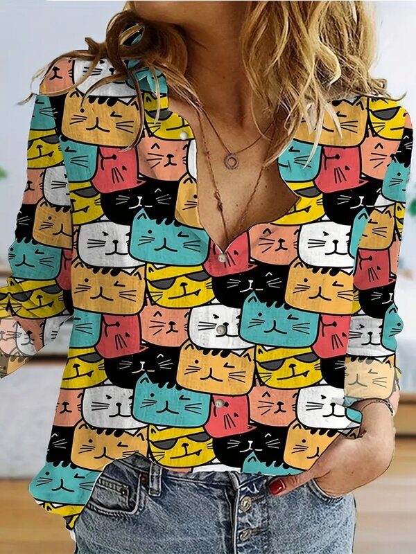 بلوزة نسائية بأكمام طويلة مع طباعة قطة لطيفة ، قميص بأزرار أنيقة ، ملابس نسائية ، قمصان وبلوزات