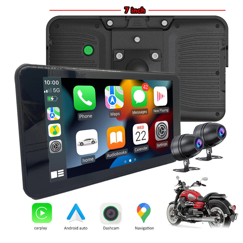 Karadar 7 Inch Nieuwste Touchscreen Motorfiets Navigatie Ipx7 Waterdichte Apple Carplay Android Auto Met 1080P Dual Lens Dashcam